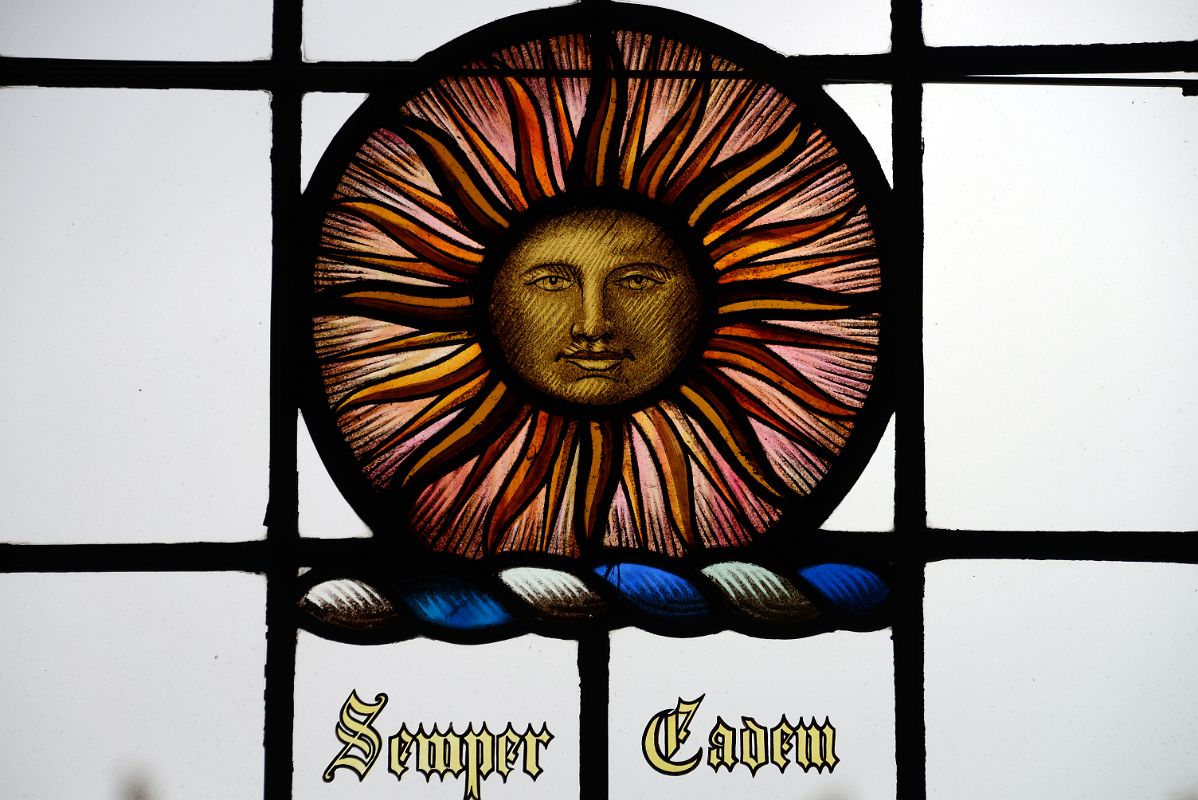 25E Stained Glass Window With Sun Close Up And Words Semper Eadem Always the Same In Banff Springs Hotel Mt Stephen Hall